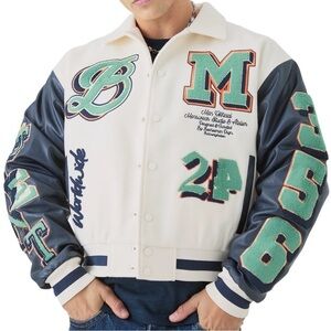 BOOHOOMAN • Plus Boxy BM Badge Collared Varsity Jacket In Ecru
